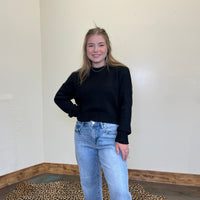 Black Crop Crew Neck Long Sleeve Sweater