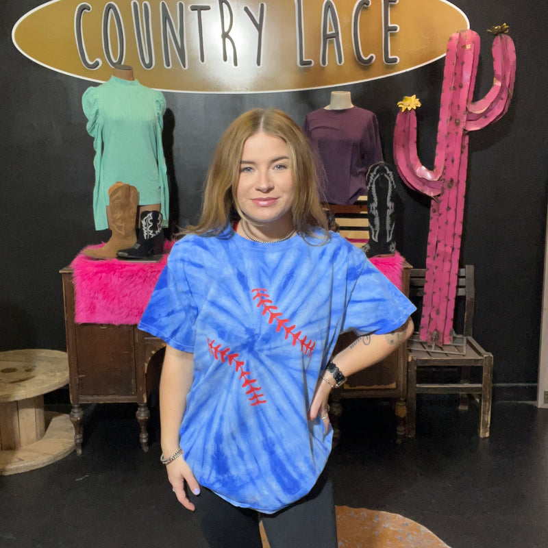 Blue Tie Dyed Red Baseball Crew Neck T-shirt