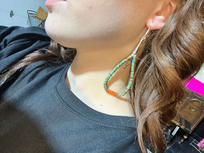 Green Turquoise Heishi and Orange Spiny Sterling Silver Earrings