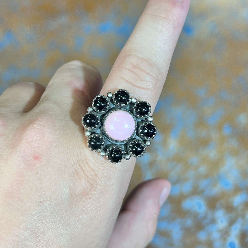 Black Onyx & Pink Conch Cluster Genuine Ring.