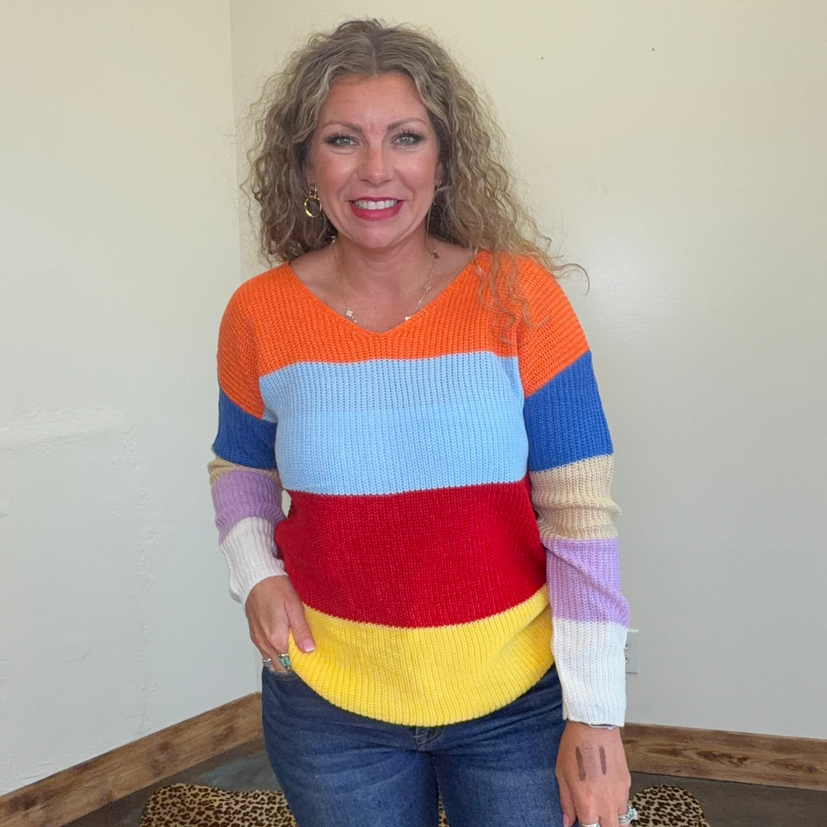 Bright Multi Color Twisted Back Long Sleeve Sweater