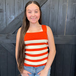 Orange & White Striped Square Neck Sleeveless Top