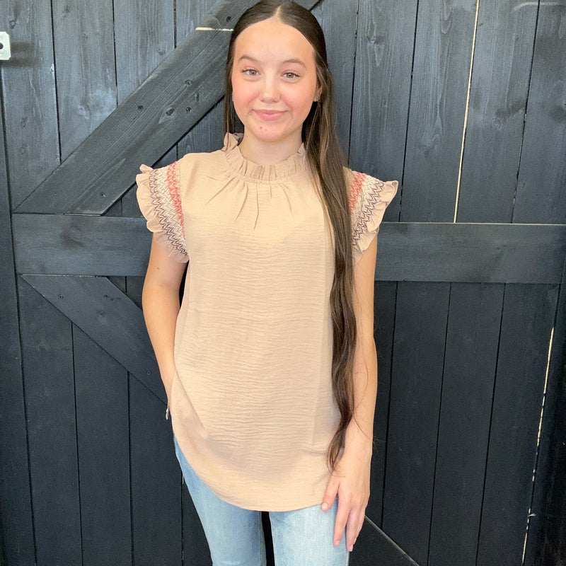 Taupe Ruffled Top With Back Keyhole Button Blouse