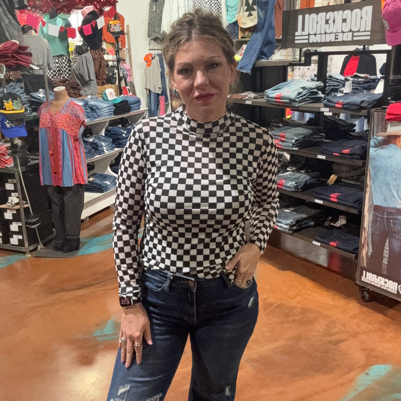 Round The Track Black Checkered Mesh Long sleeve Top