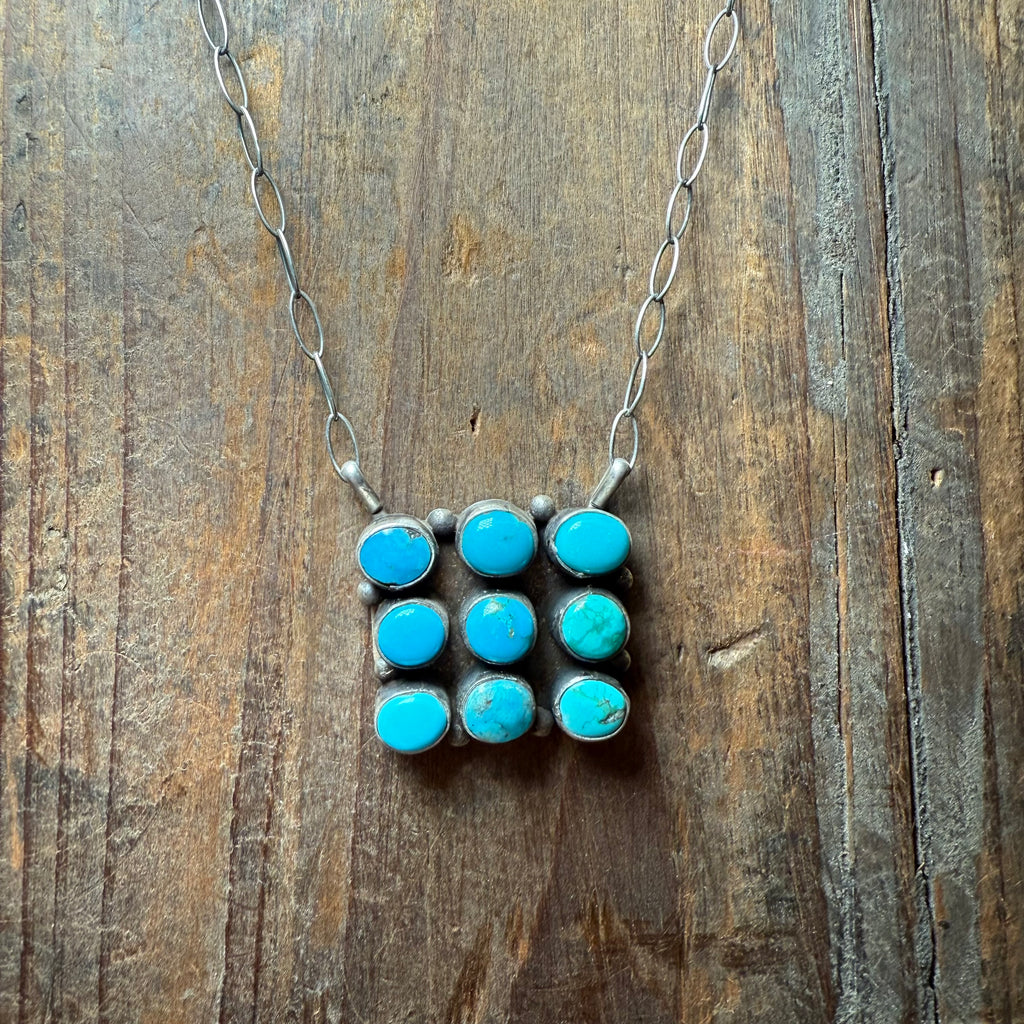 9 Stone Square Kingman Turquoise Genuine Necklace