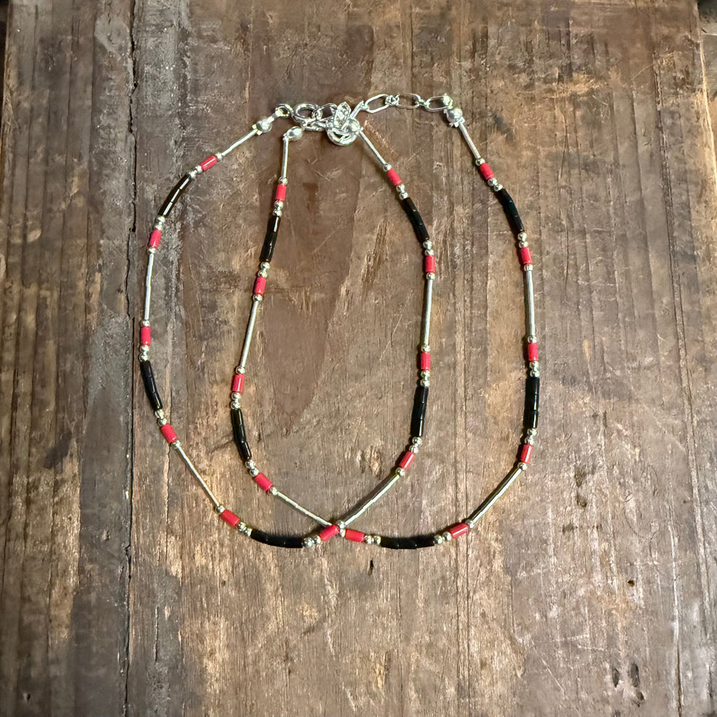9 inch Sterling Silver with Black & Red Bead Detail Genuine Bracelet / Anklet