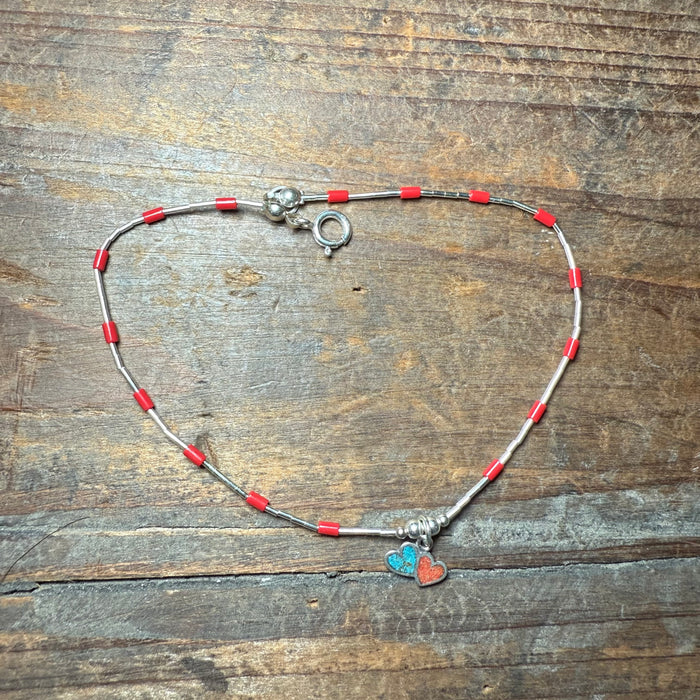 9 inch Sterling Silver with Red Bead & Charm Detail Genuine Bracelet / Anklet