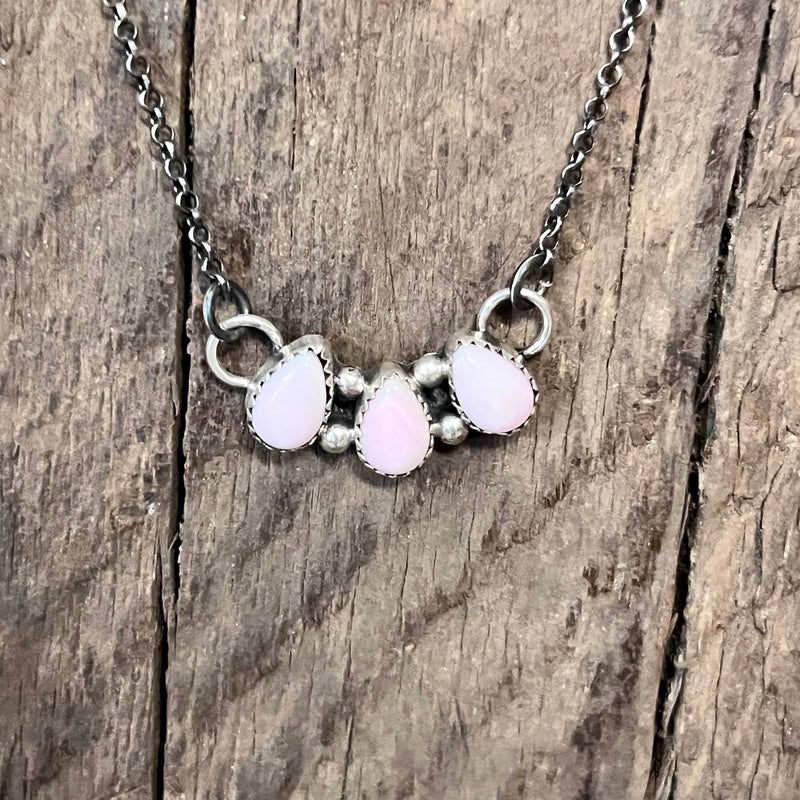 Pink Conch 3 Stone Tear Drop Genuine Necklace.