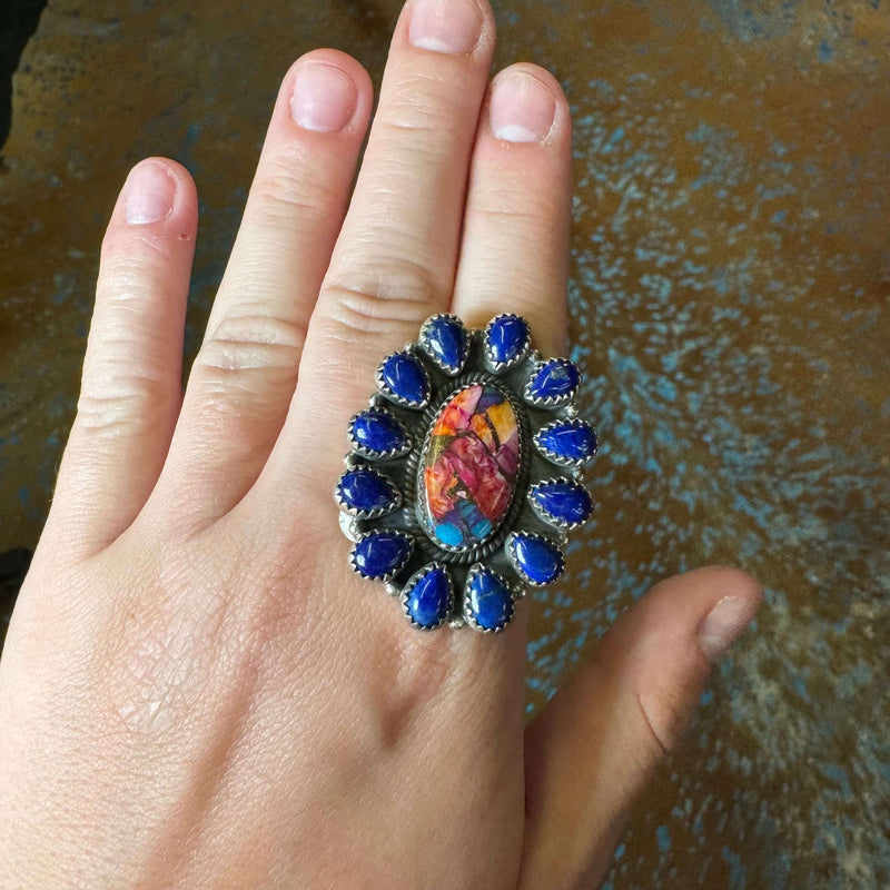 Pink Dahlia and Lapis Cluster Adjustable Genuine Ring