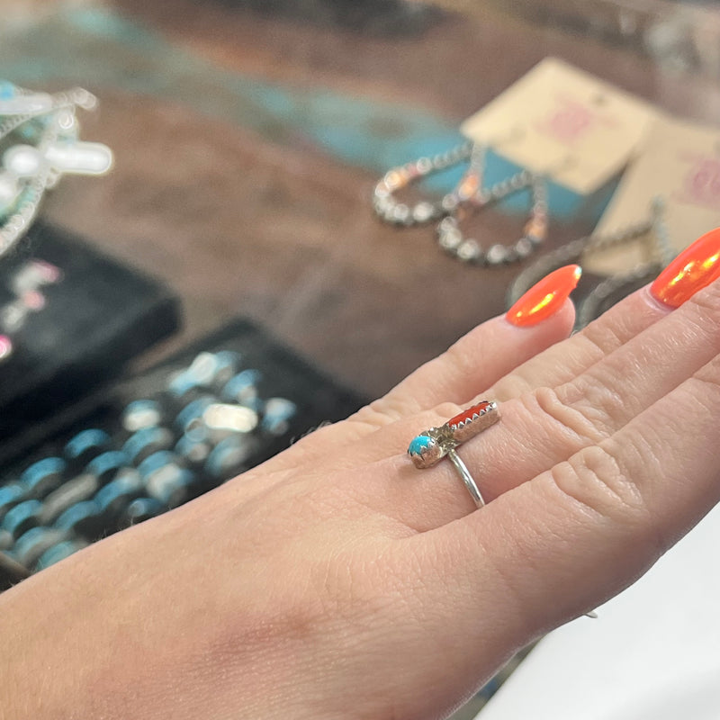 Dainty Turquoise & Red Coral with Sterling Silver flower Genuine Ring.