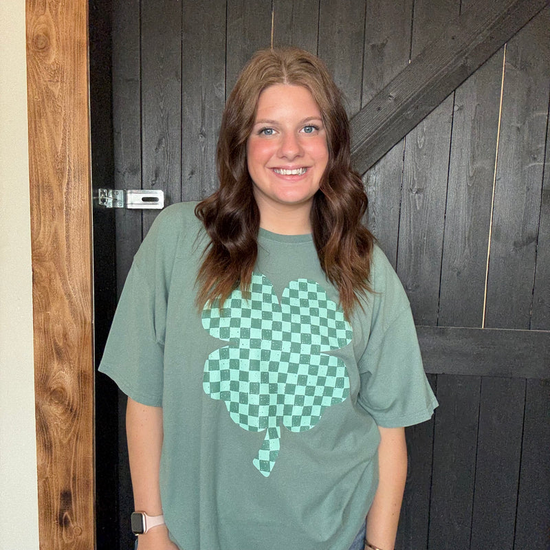 Sage Green Checkered  Shamrock  T-shirt / X-Large