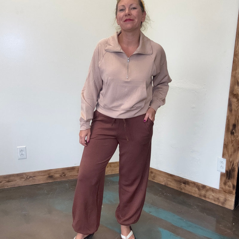 Dark Taupe Super Soft Half Zip Crop Sweat Shirt