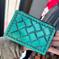 Natural Tooled Leather Card Holder with Zipper