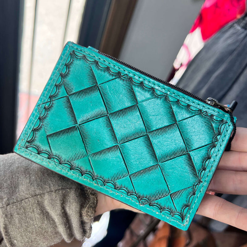 Natural Tooled Leather Card Holder with Zipper