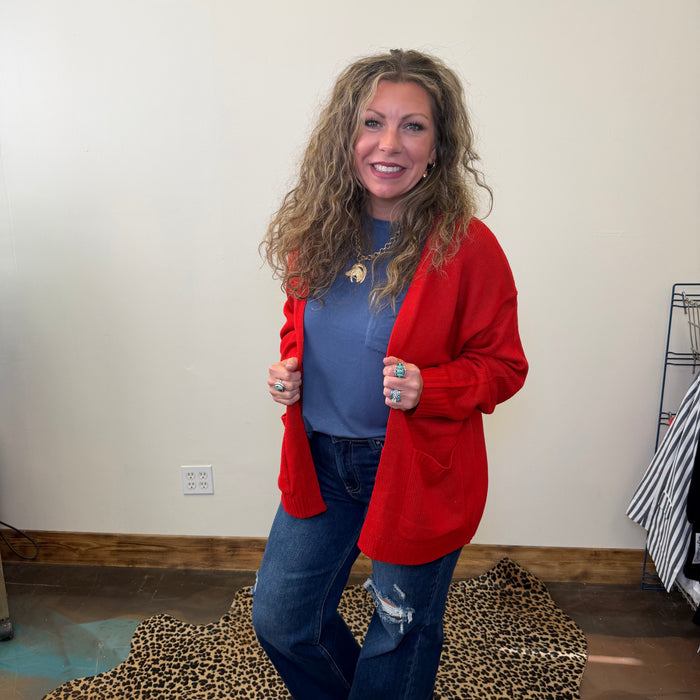 Red Long Sleeve Sweater Cardigan