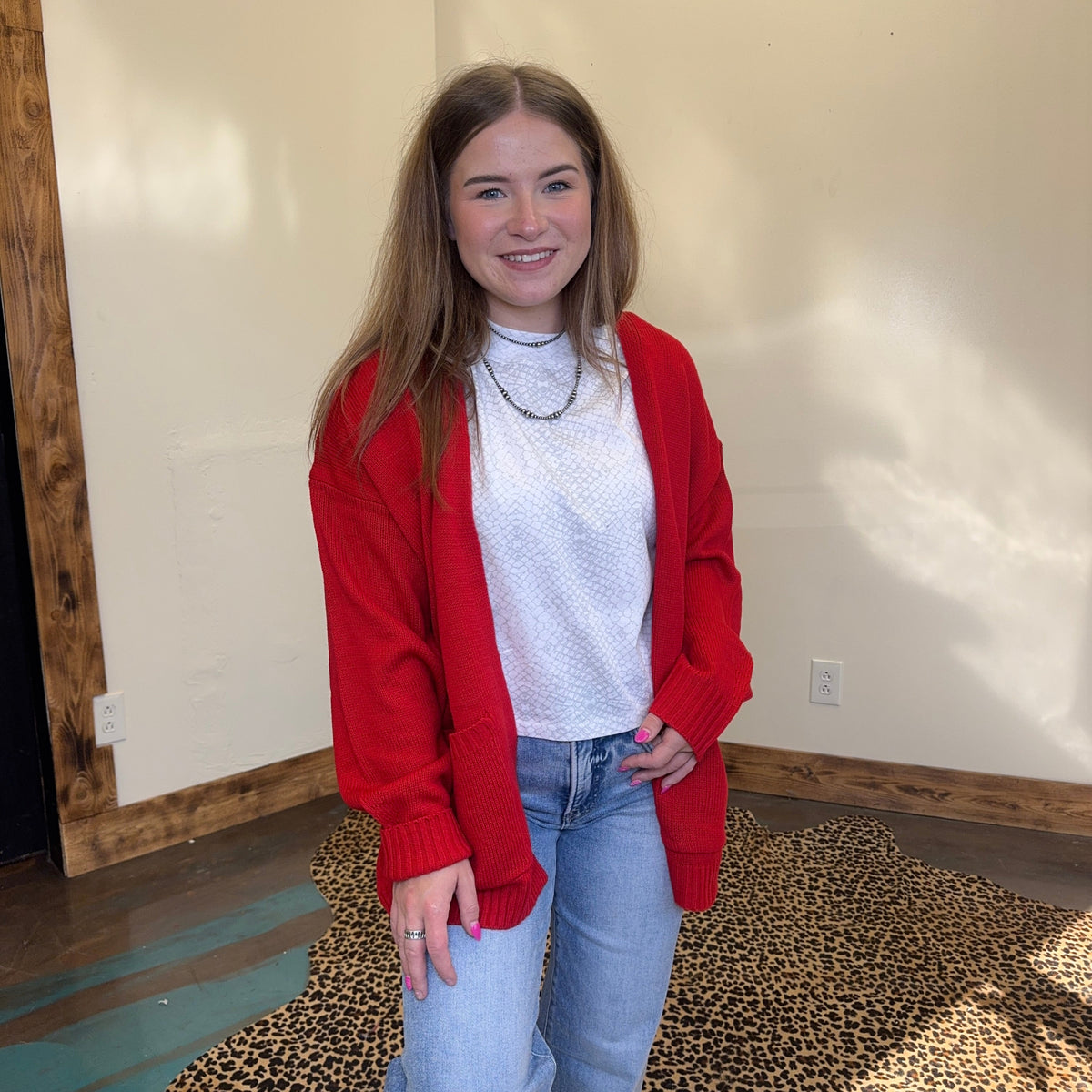 Red Long Sleeve Sweater Cardigan
