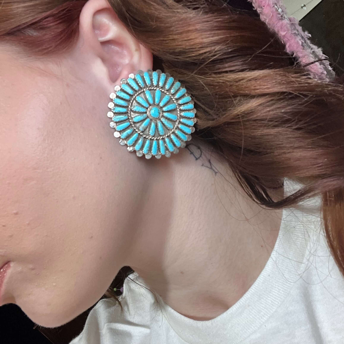 Authentic Round Cluster 41 Stone Kingman Turquoise Sterling Silver Earring