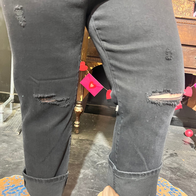 Black High Rise Slim Straight Knee Distressing Risen Jeans