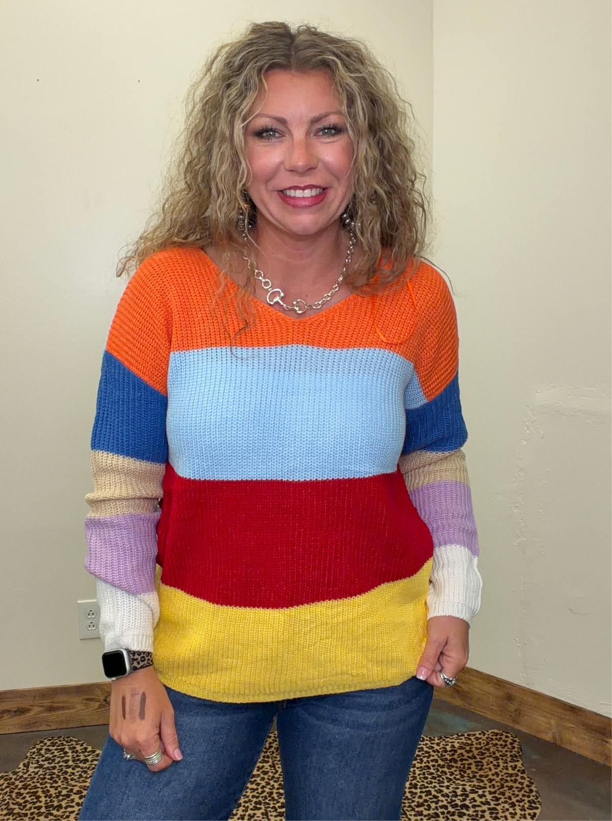 Bright Multi Color Twisted Back Long Sleeve Sweater