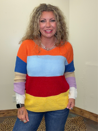 Bright Multi Color Twisted Back Long Sleeve Sweater