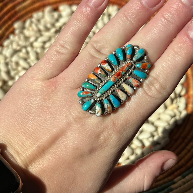 Orange and Turquoise Oval Cluster Genuine Ring