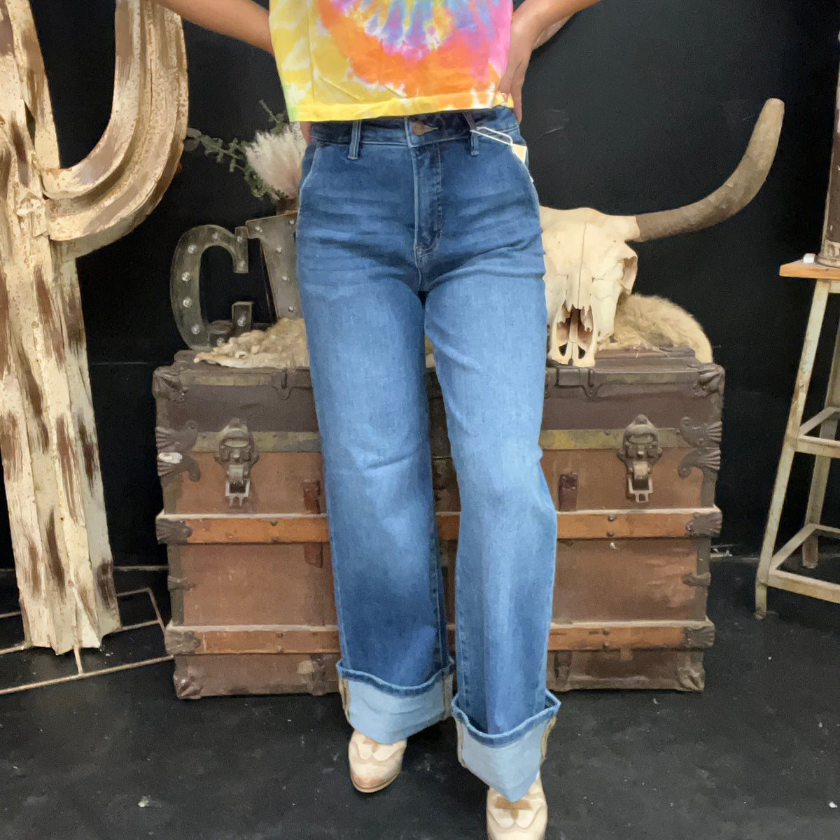 Medium Wash Tummy Control High Rise Ankle Wide Cuffed Jeans