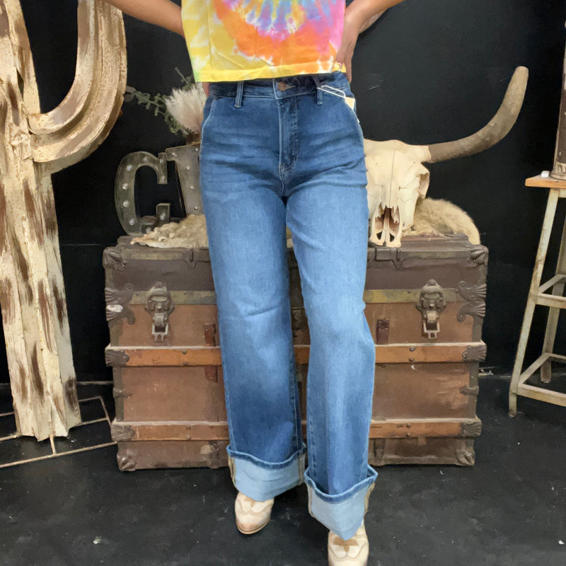 Medium Wash Tummy Control High Rise Ankle Wide Cuffed Jeans