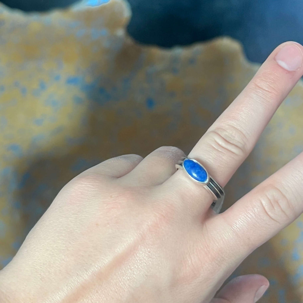 Oval Blue Lapis with Patina Band Genuine Ring.