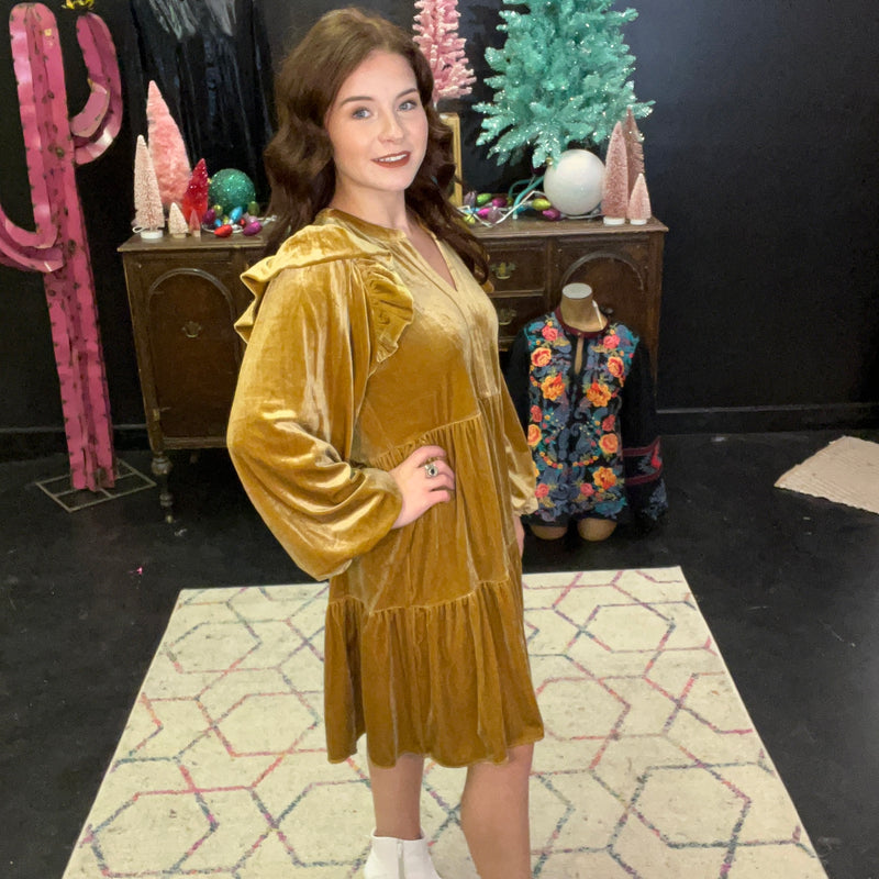 Gold Velvet Ruffle Dress