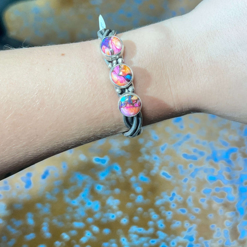 Chunky 3 Stone Pink Dahlia with Twisted Cuff Genuine Bracelet