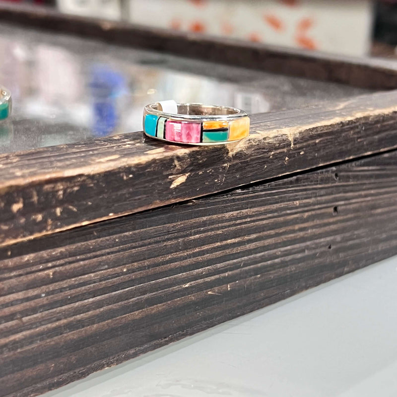 Multi Stone Raised Inlay Sterling Silver Ring size 10