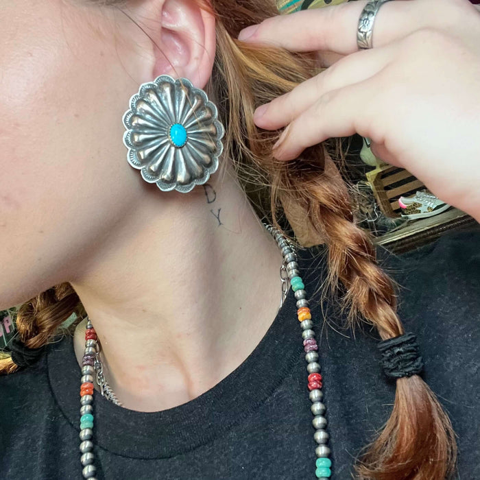 Big Concho Post with Turquoise Stone Stud Sterling Silver Earring