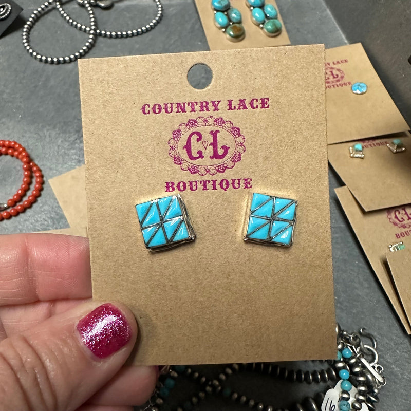 Dainty Turquoise Square Inlay Post Stud Genuine Earring