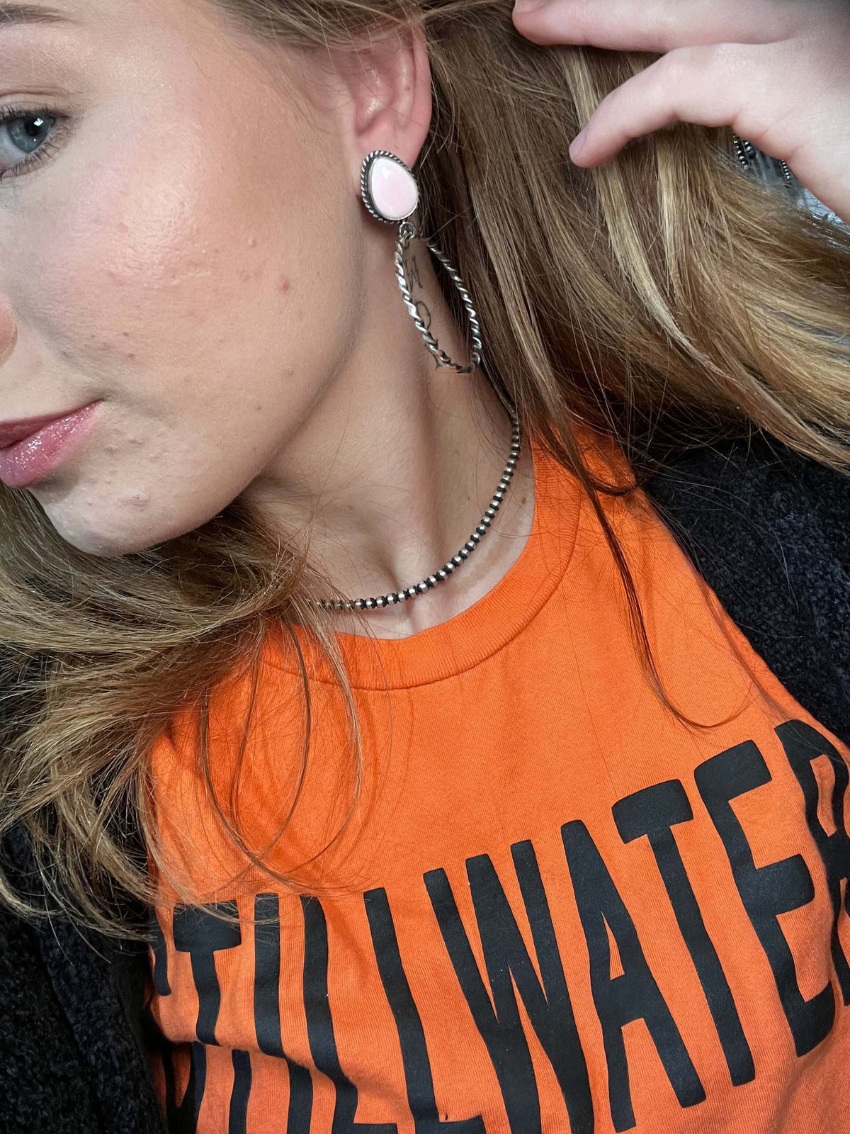 Pink Conch Hoop Post Sterling Silver Earring