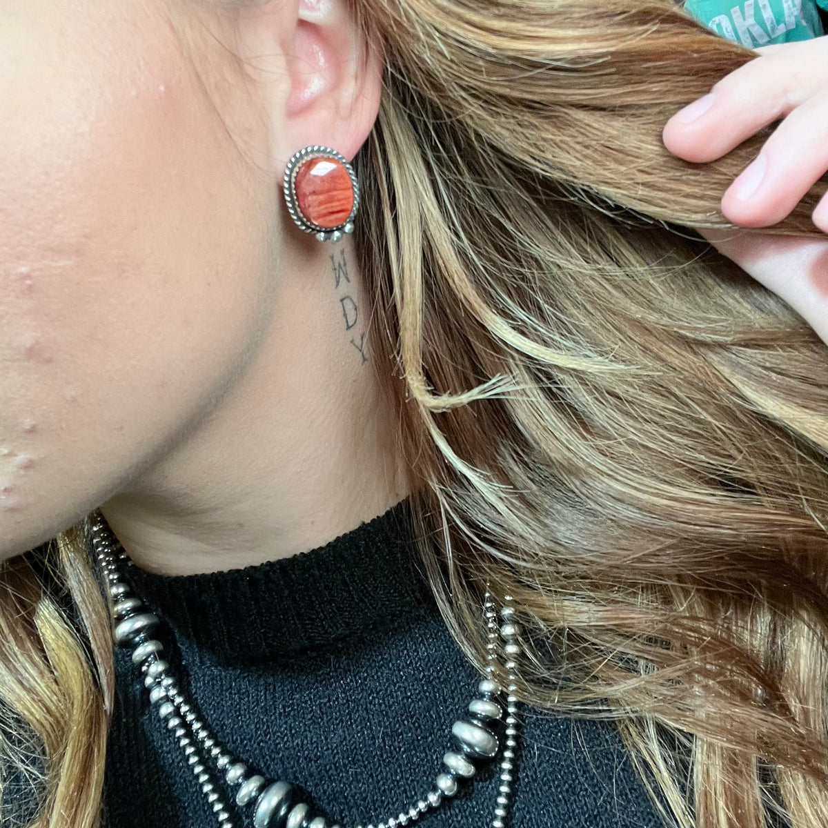 Unique Orange Spiny with Detail Post Sterling Silver Earring