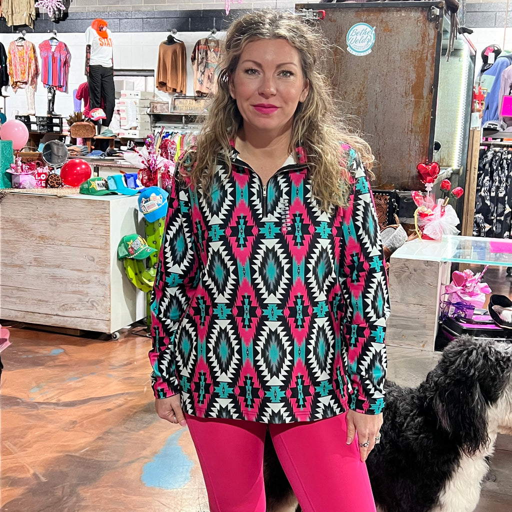 Pink Black & Turquoise Montezuma Pullover