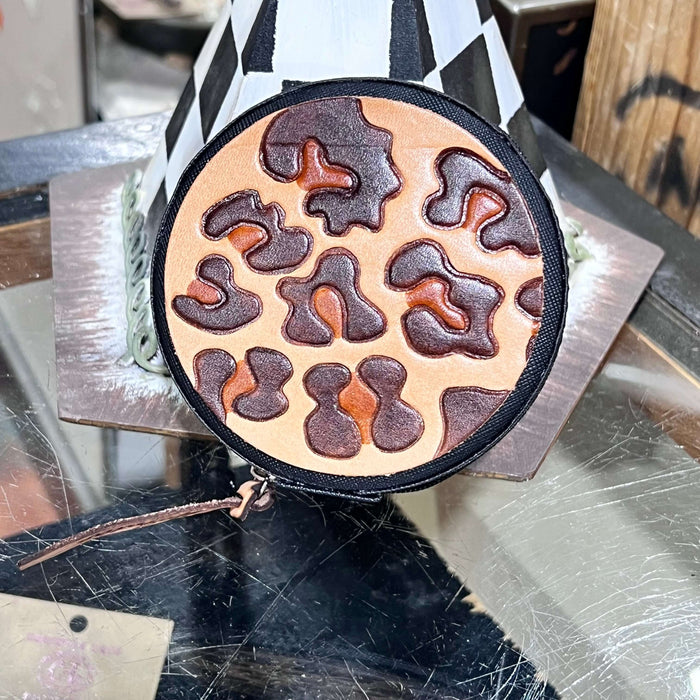 Round Animal Print Tooled Black Jewelry Travel Case
