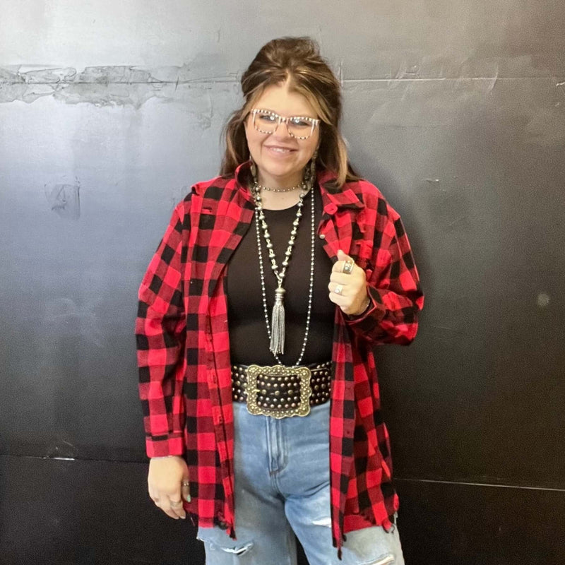 Black and Red Plaid Button Down Top