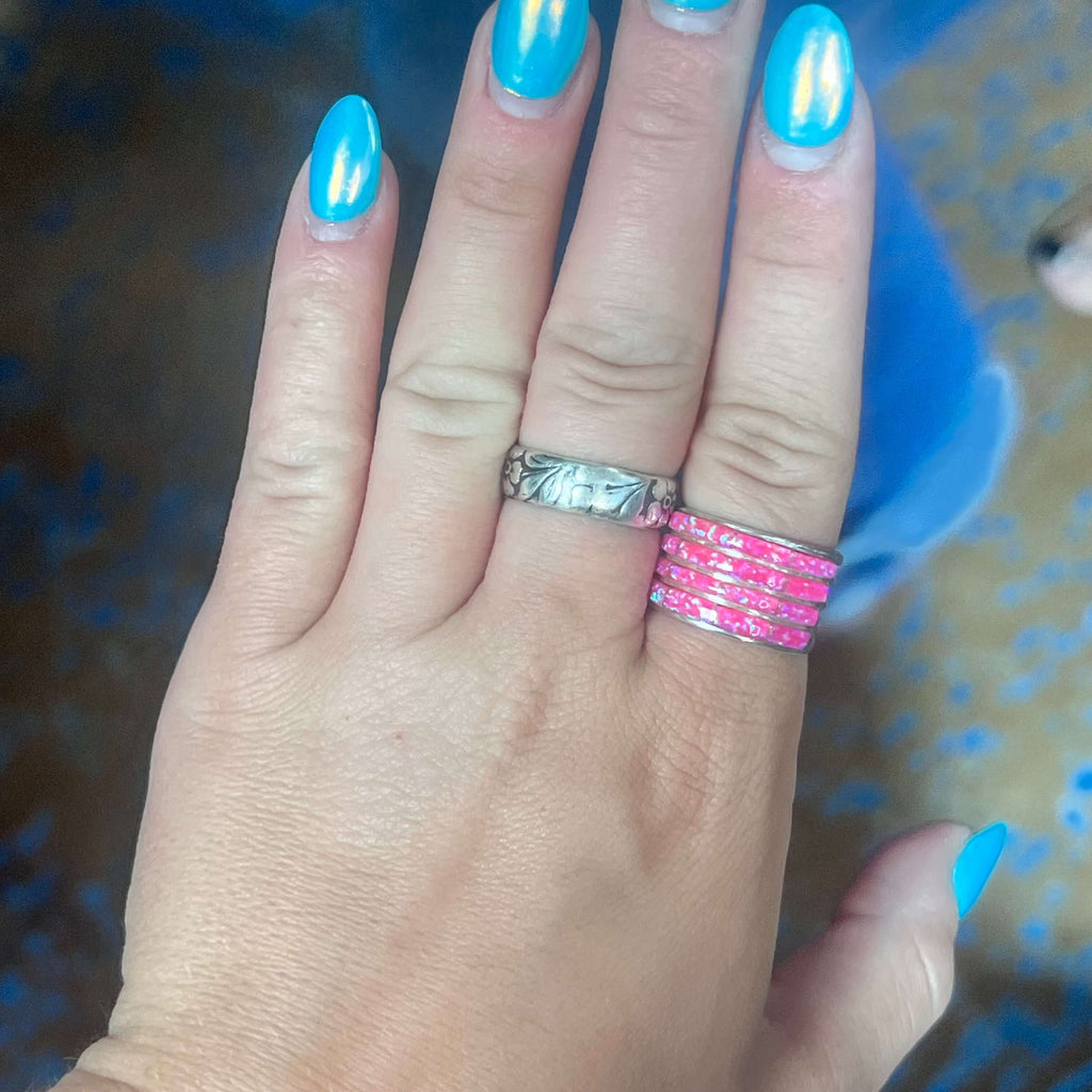 Hot Pink Opal 4 Row Inlay Genuine Ring