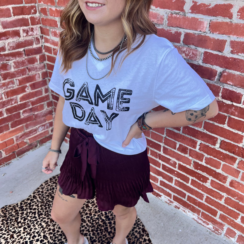 Game Day White with Black V Neck T-shirt.