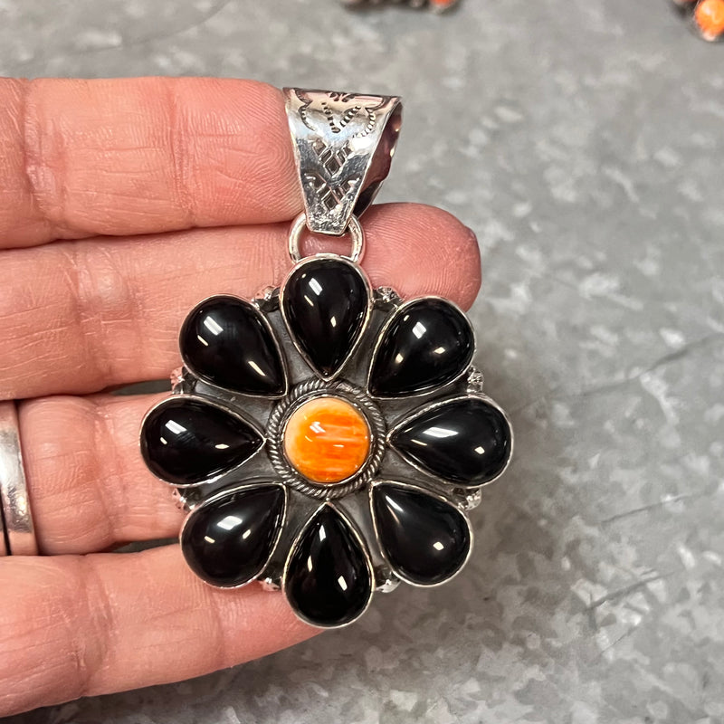 Black Onyx With Orange Spiny Oyster Cluster Genuine Necklace Pendant