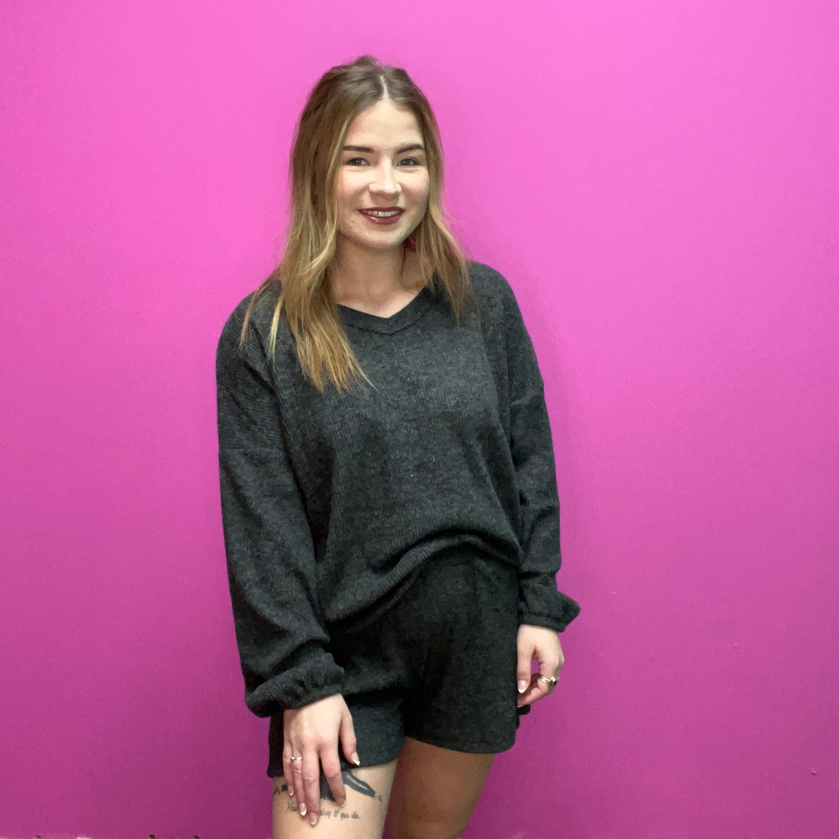 Charcoal Black Comfy Set Long Sleeve Top w/ Pockets Shorts
