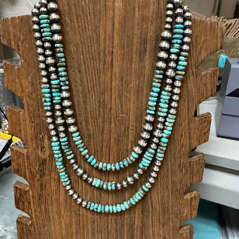 20 inch 6 & 8mm Genuine Sterling Silver Navajo with Turquoise Necklace