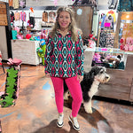 Pink Black & Turquoise Montezuma Pullover