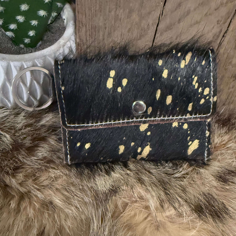 Black Cowhide with Gold Acid Wash Card Wallet Keychain