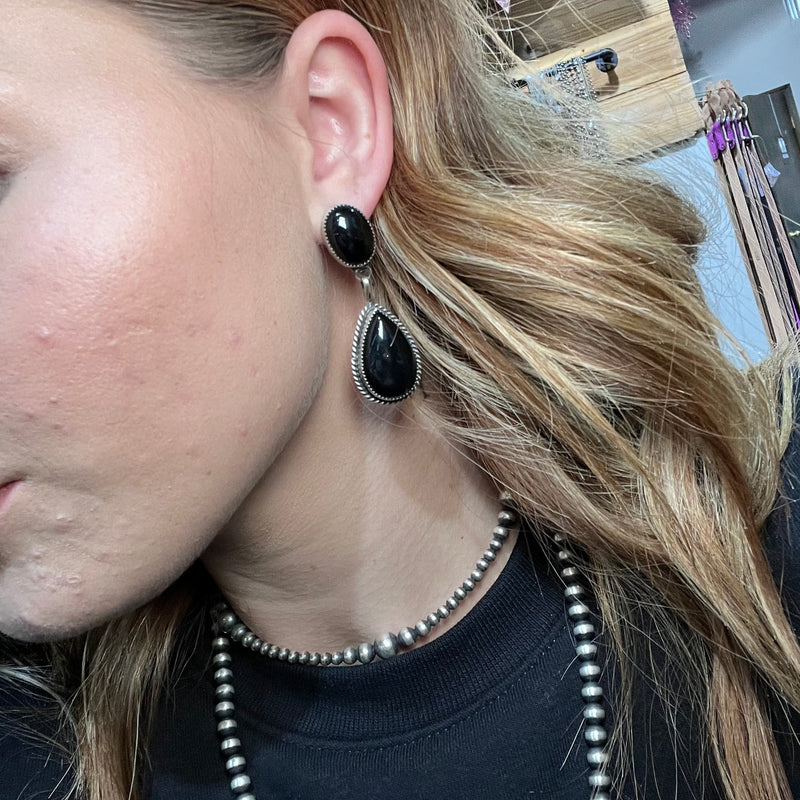 Stunning 2 Stone Black Onyx Dangle Post Sterling Silver Earring