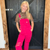 Hot Pink Risen Overalls Crop Jeans / Small