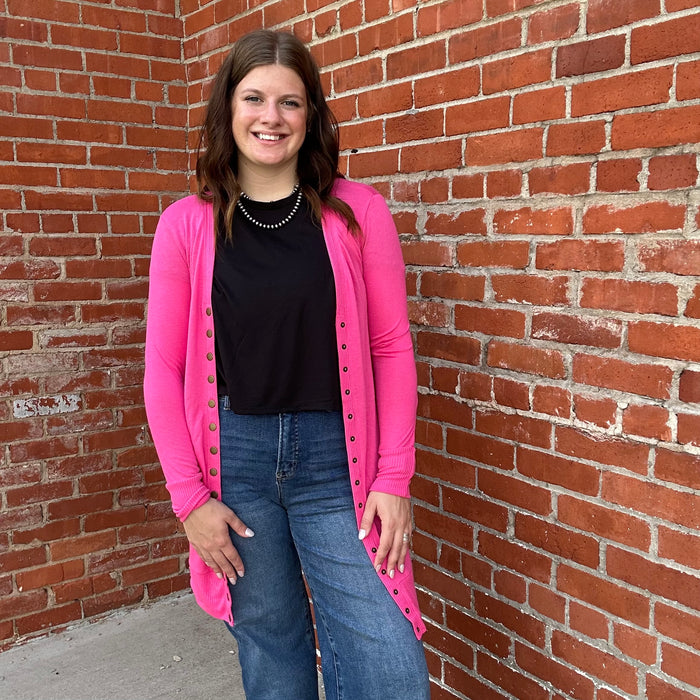 Hot Pink Snap Down w/ Pockets Long Sleeve Soft Cardigan