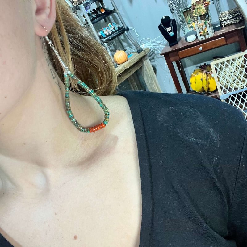 Turquoise & Orange Heishe French Hook Genuine Earring.