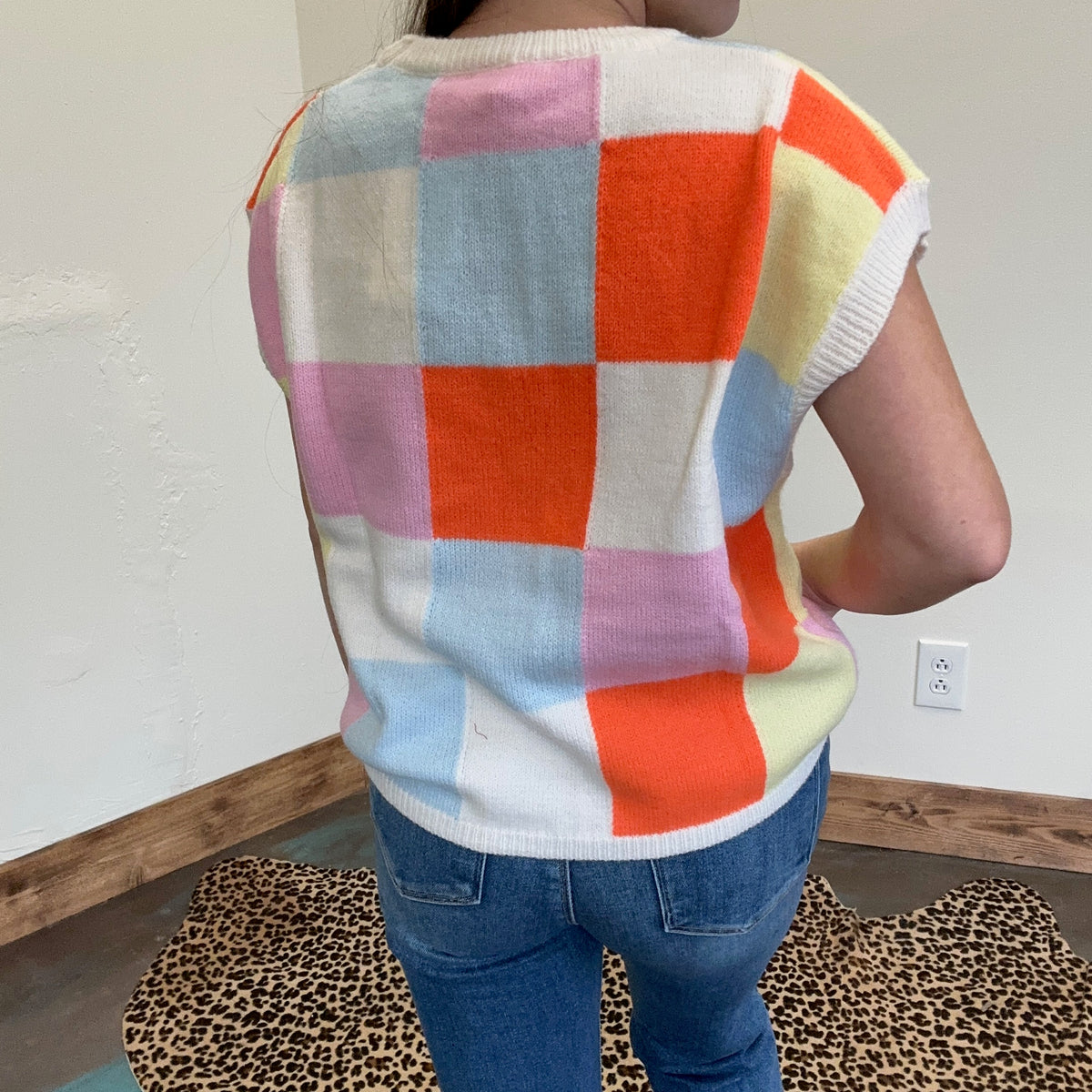 pink orange turquoise checkered sweater vest
